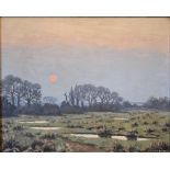 Oil on Canvas landscape depicting a coastal marsh water meadow in evening light, initialled A.C.W