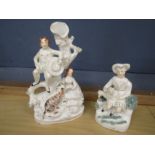 Staffordshire flat backs one of a boy and girl sat on a tree stump and one of a gentleman stroking a