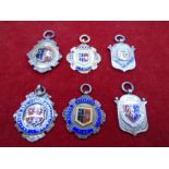 6 medals in total, 4 Silver hallmarked and 1, 9ct Gold (marked 375) football/sports fob medals. Gold