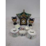 Royal Doulton money boxes, pottery vase, mini garniture etc