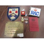 Brass plaque, RAC badge, Norfolk agriculture association badge, vintage driving licence etc