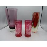 2 Mary Gregory enamel painted cranberry glasses, a red diamond shaped vase and a purple vase