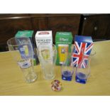 Promotional pint glasses, pair of vases and millefiori paperweight