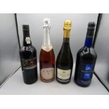 4 bottles alcohol port, prosecco, Harveys Bristol cream, cava