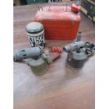 Vintage petrol can, blow torches and pans