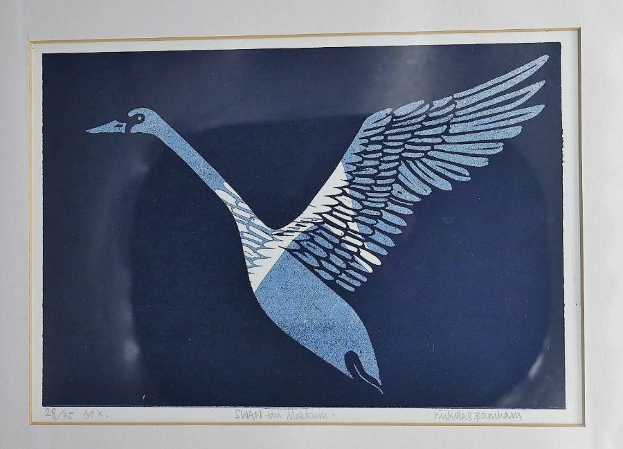 Nicholas Barnham (1939-2021) framed linocut in pencil in  the margin 28/75 A/PK "Swan tam Makkum"