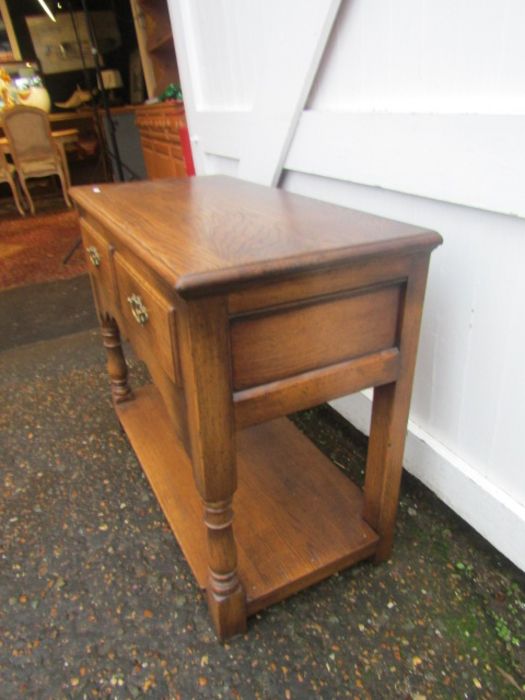 2 Drawer oak lowboy with brass handles H77cm W91cm D46cm approx - Image 2 of 4