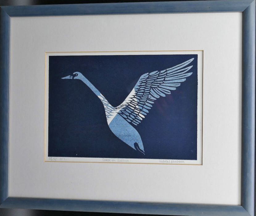 Nicholas Barnham (1939-2021) framed linocut in pencil in  the margin 28/75 A/PK "Swan tam Makkum" - Image 2 of 2