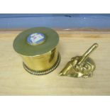 Brass pot with Jasperware style cameo on lid and brass clown coat hook