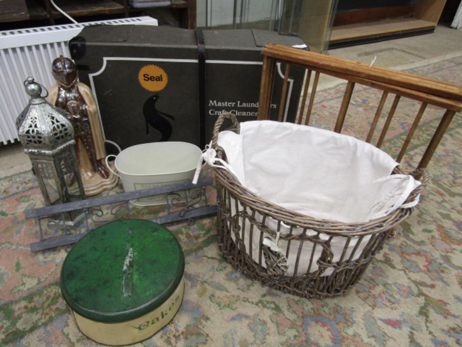 Vintage waste paper basket, seal laundry box, basket, hooks, cake tin etc