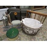 Vintage waste paper basket, seal laundry box, basket, hooks, cake tin etc