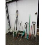 Garden tools including edging shears, shovels and lawn rakes etc