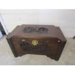 Carved Oriental Camphor wood chest H60cm W103cm D54cm approx