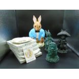 Beatrix Potter collectors lot to include 3 bronze effect garden figurines - Mrs Tiggywinkle, Peter