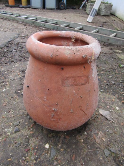 Set of 3 oriental style ceramic garden pots (Tallest H35cm approx) with saucers and terracotta pot - Image 2 of 2