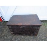 Antique tuck box/apprentice box  with metal banding H46cm W79cm D49cm approx