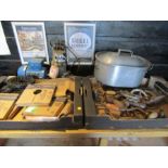 Hand tools, fish kettle, horse shoes, pump, tool chest etc