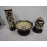 Oriental vase, bowl and ginger jar with plinths, all in good condition