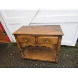 2 Drawer oak lowboy with brass handles H77cm W91cm D46cm approx