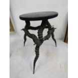 Unusual Horn leg table with wooden engraved top 42cmH