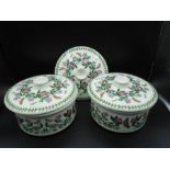 2 Portmeirion Botanic Garden covered casserole dishes plus a spare lid, dia approx 20cm