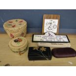 2 sewing baskets, lacquered box and signs