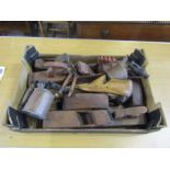 Box of mixed vintage tools including planes, wooden handled snips and blow torches
