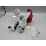 French glass ducks, a red glass duck, 2 glass birds and a crystal dog