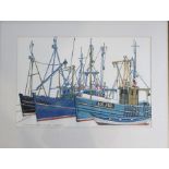 Nicholas Barnham (1939-2021) watercolour of fishing boats in Lerwick Harbour, Shetland titled "