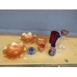 Carnival glass, glass mushroom and Caithness Crystal vase etc