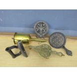 Brass clockwork roasting jack, vintage iron and cast iron kettle trivets/pan stands
