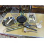 Mixed Kitchenalia including cast iron pans and brass thermometer etc