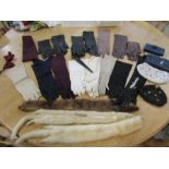 Vintage leather gloves, ladies buttoned gloves, 2 fur stoles, 4 handbags, glove stretchesr etc