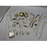 Silver vesta case (a/f) Wedgwood silver brooch, silver charms, necklaces and pendants, enamel and