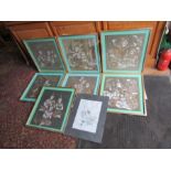 7 Framed Thai silk pictures and framed Japanese silk picture