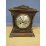 Wooden cased mantel clock and key with movement marked CB believed to be Badische Uhrenfabrik