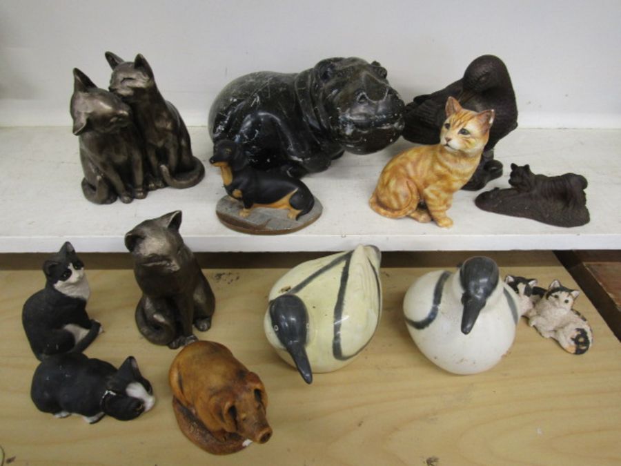 Inuit art hippo, Aynsley daschound, Frith sculpture cats and other various animals