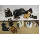 Inuit art hippo, Aynsley daschound, Frith sculpture cats and other various animals