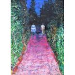 large pastel depicting a couple walking down a garden path, artist unknown,  mounted and framed,