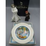 Royal Doulton 'Fagin' and 'Christmas day' figures and Wedgwood dish boxed