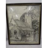 J Dashwood Burgh Castle round tower church of St Peter and St Paul pencil drawing 44x56cm