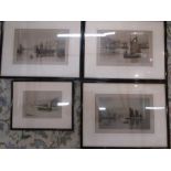 Henry G Walker set of 4 original etchings 'Trawlers at home, Brixham' 'Evening Calm, Brixhm' and 2