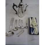 Epns teapot, ladles, set 6 tea spoons and sugar tongs