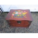 Vintage Wooden chest with painted floral detail and velvet lining H36cm W56cm D40cm approx