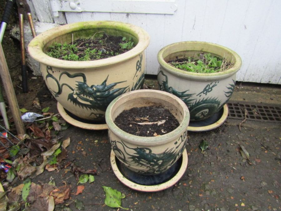 Set of 3 oriental style ceramic garden pots (Tallest H35cm approx) with saucers and terracotta pot