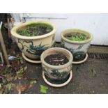 Set of 3 oriental style ceramic garden pots (Tallest H35cm approx) with saucers and terracotta pot