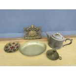 Metalware including brass pipe rack, candlestick and plated teapot