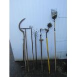 Mixed garden tools including fruit picker and sickle etc