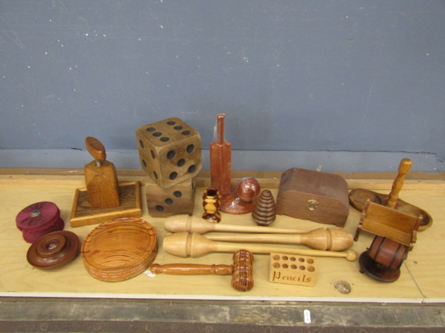 Collection of treen items including gavel and press etc