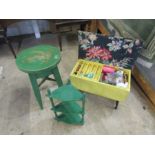 Painted stool, corner whatnot and sewing box with contents